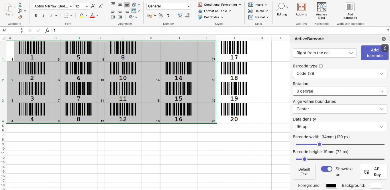 Componente aggiuntivo del codice a barre per Excel (Microsoft 365)
