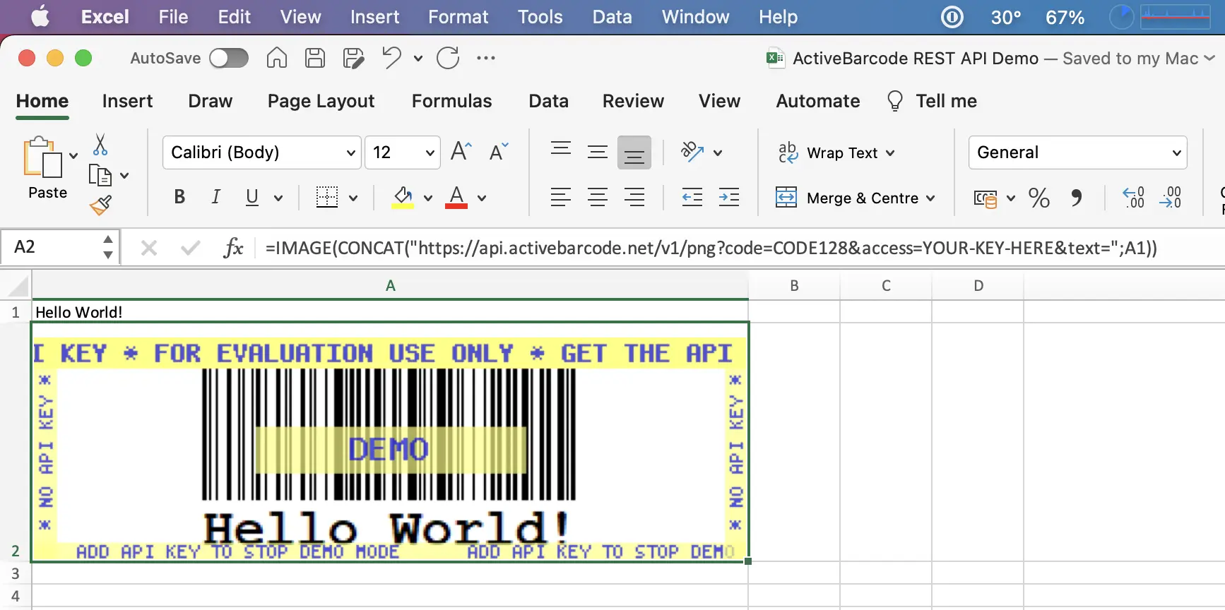 Questa schermata mostra il codice a barre risultante in Excel per Mac che codifica il contenuto della cella A1.