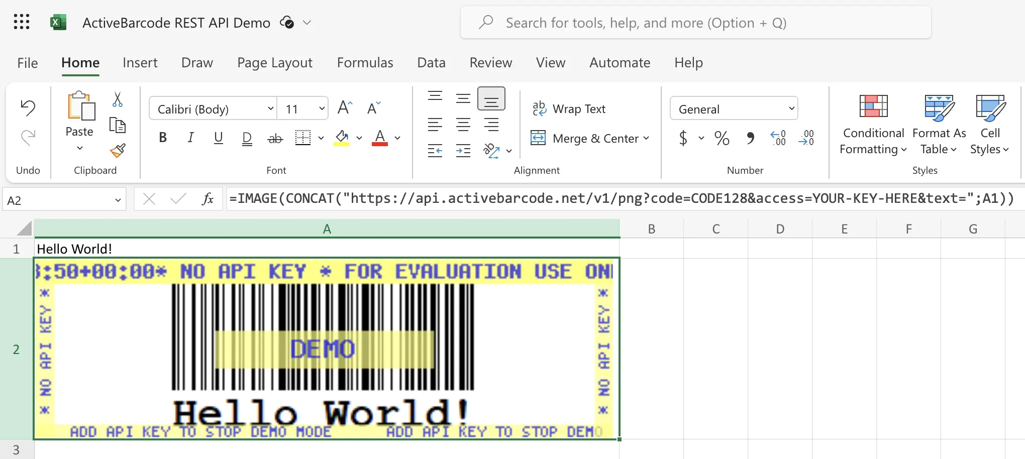 Questa schermata mostra il codice a barre risultante in Excel per il Web.