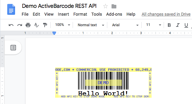 Questa schermata mostra il codice a barre risultante in Google Docs quando si inserisce un'immagine con l'URL mostrato sopra.