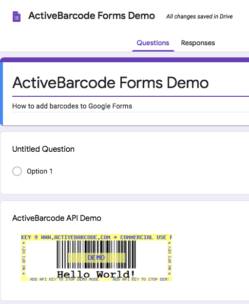 Questa schermata mostra il codice a barre risultante in Google Forms quando si inserisce un'immagine con l'URL mostrato sopra.