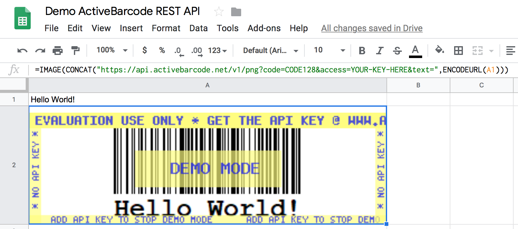 Questa schermata mostra il codice a barre risultante nel foglio di Google che codifica il contenuto della cella A1.