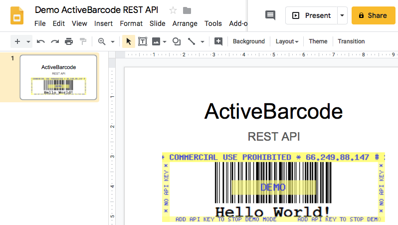 ActiveBarcode: Questa schermata mostra il codice a barre risultante in Google Slides quando si inserisce un'immagine con l'URL mostrato sopra.